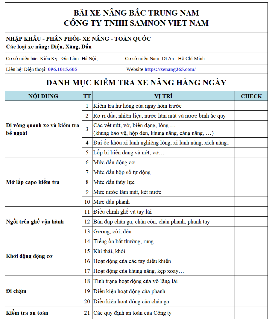 Daily checklist kiểm tra xe nâng dầu – Danh sách công việc hàng ngày của xe nâng dầu Daily checklist xe nâng dầu