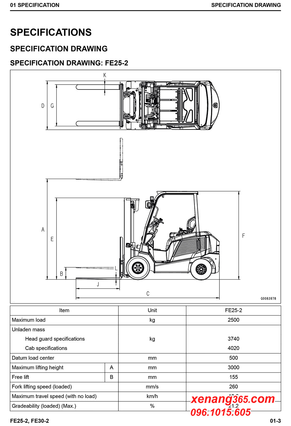 Download Shop manual FE25-2, FE30-2 sửa chữa xe nâng điện Komatsu 2.5 tấn và 3 tấn FE25-2, FE30-2 Đặc điểm kỹ thuật của xe nâng điện Komatsu FE25-2, FE30-2